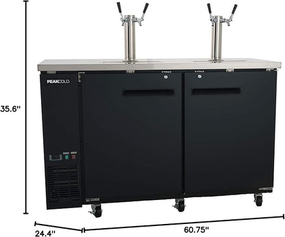 PEAKCOLD 2 Door, 4 Tap Commercial Beer Dispenser - Double Tower Keg Cooler - Kegerator; 60" W