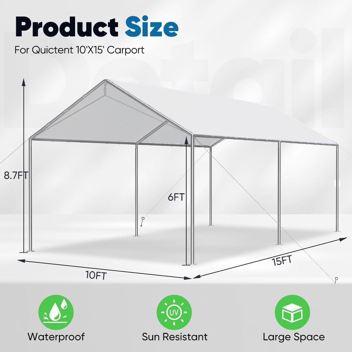 Quictent 10x15 ft Heavy Duty Car Canopy Galvanized Frame Carport Outdoor Party Tent Boat Shelter with 3 Reinforced Steel Cables - White