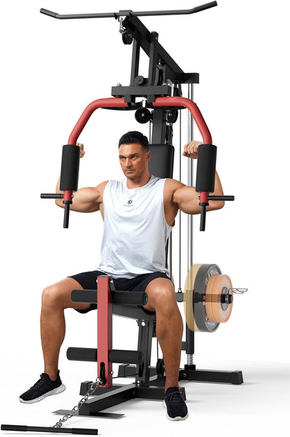 Multifunctional Home Gym Equipment with Lat Pulldown, Exercise Workout Station with Leg Press,Max 300LBS Capacity Home Gym Mahcine for Full Body Strength Training,Fit 1" & 2" Weight Plates(No Include)