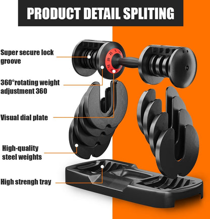 VEICK 25/55 lbs Adjustable Dumbbell with Anti-Slip Turning Handle, Fast Adjust Weight for Men Women, Exercise Equipment with Tray for Home Gym Full Body Workout Fitness