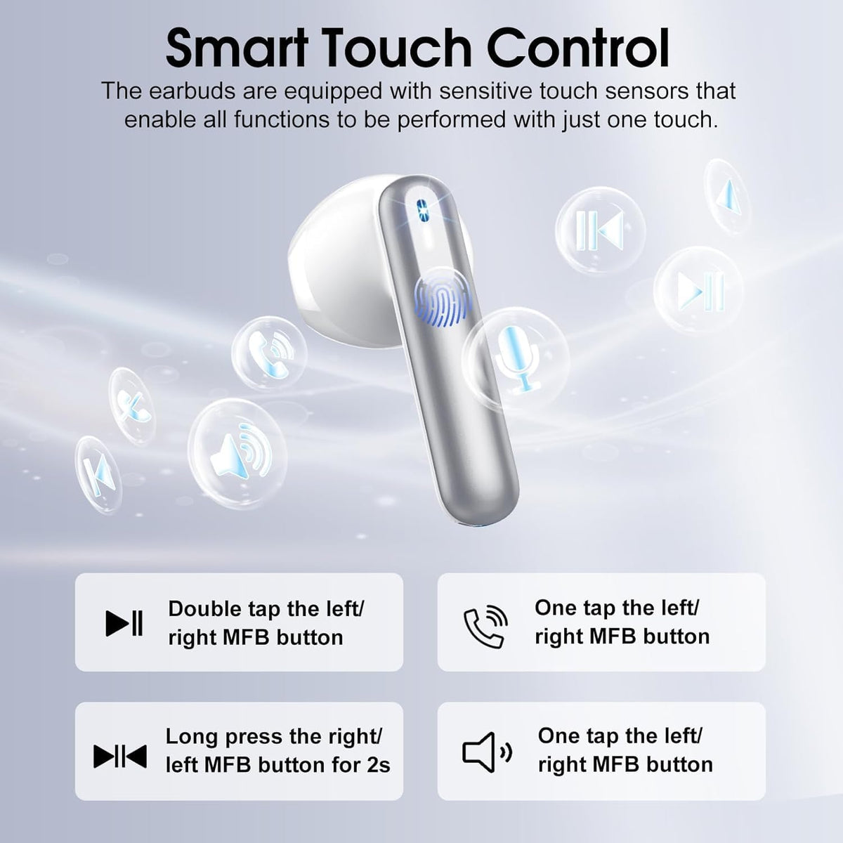 Wireless Earbuds, Bluetooth 5.4 Headphones with 3D Bass Stereo, 40H Ultralight in-Ear Buds, Bluetooth Earbuds with 4 ENC Noise Cancelling Mic, USB-C, IP7 Waterproof Earphones for Android iOS, Sillver