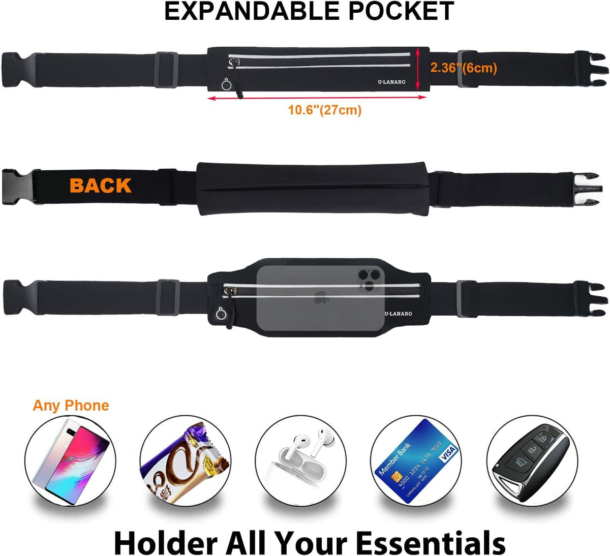 Slim Running Belt Fanny Pack for Men Women, Running Phone Holder Runners Pouch Waist Pack for Workout, Money Belt, Running Gear Accessories [Fits ALL Phones]