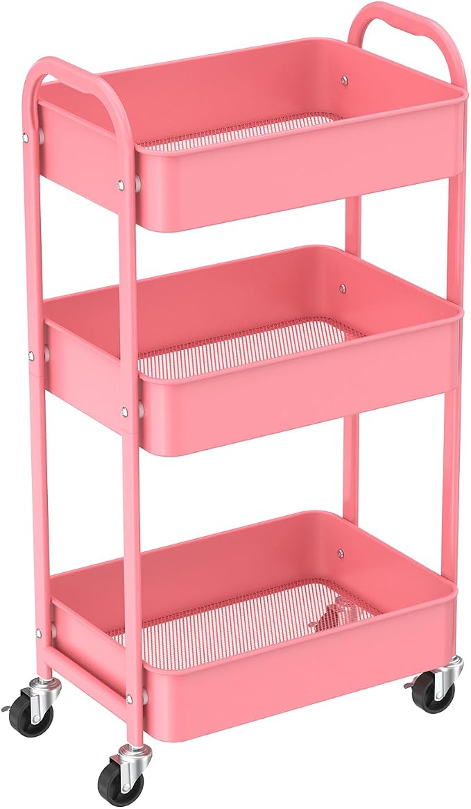 MAX Houser 3-Tier Rolling Utility Cart with Caster Wheels,Easy Assembly, for Kitchen, Bathroom (Pink)
