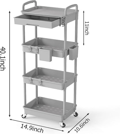 4 Tier Rolling Utility Cart with Drawer, Plastic Storage Organizer Rolling Carts with Wheels Handles Hanging Cups Hooks for Office, Bathroom, Kitchen,Craft Art Room (Grey)