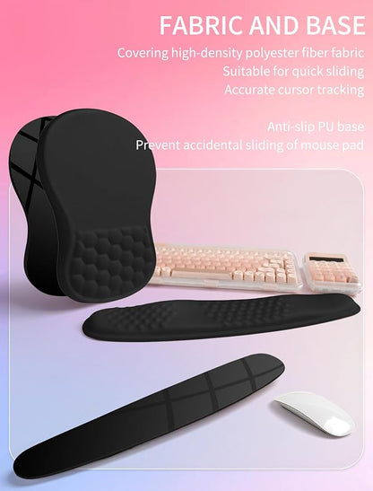 Hokafenle 2in1 Combination, Wave Keyboard Wrist Rest and Ergonomic Curvature Mouse Pad Wrist Support for Relieve Wrist Pain, Filled with Soft Cushion Memory Foam, Black