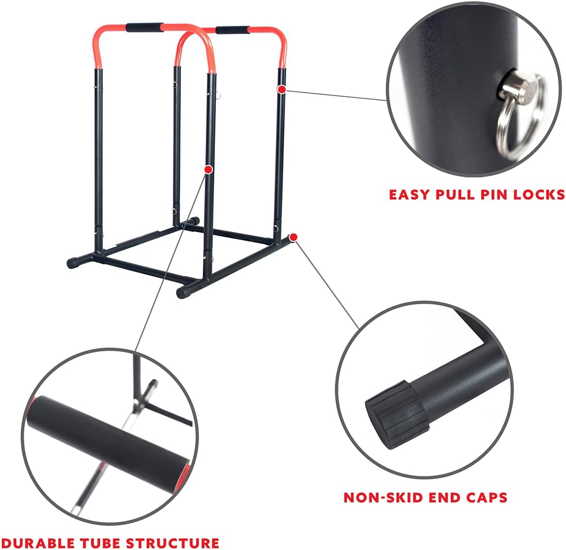 Sunny Health & Fitness Power Tower, Dip Bar, Push-Up & Pull Up Assisting Parallette Station w Optional Rock Climbing Grip Trainer