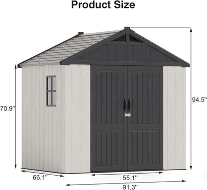 Patiowell 8x6 FT Outdoor Storage Shed, Plastic Shed Resin Garden Shed with Floor & Window & Lockable Door for Patio Furniture, Backyard Tools, Bicycles & Lawnmower, Beige