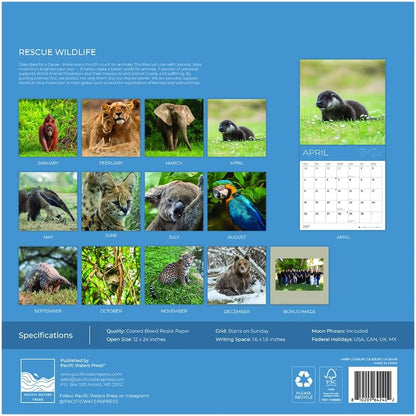 2027 Rescue Wildlife Wall Calendar, 12 x 24 Hanging Pacific Waters Press