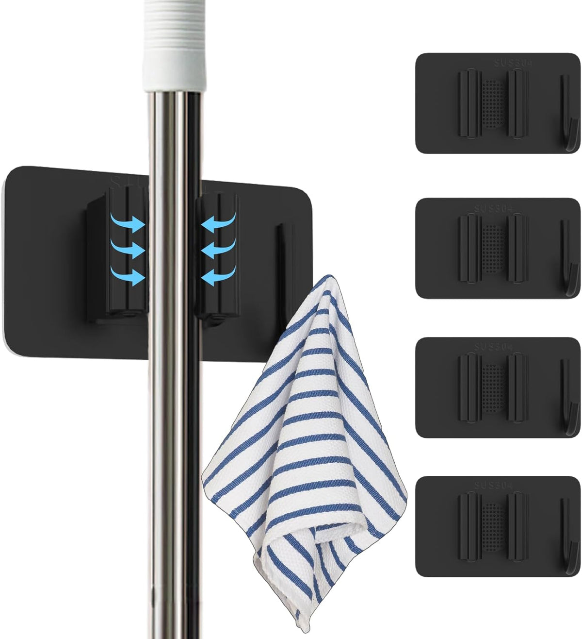 Stainless Steel Mop Holder Wall Mount – 4 Pack Heavy-Duty Broom Organizer with Strong Grip, Adhesive or Nail-Free Glue Installation for Bathroom, Kitchen, Garage
