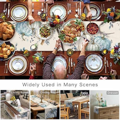 Fall Pumpkin Table Runner Dresser Scarf 13 x 48 Inch White Blue Leaves Rustic Table Runners Non-Slip Heat Resistant Kitchen Dining Table Decor for Autumn Thanksgiving Holidays Indoor Outdoor
