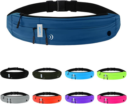 WATERFLY Running Belt Fanny Pack: Runner Marathon Jogging Waist Pack Sport Workout Exercise Fitness Phone Holder Belt for Men Women Jogger Slim Waistband Dark Blue