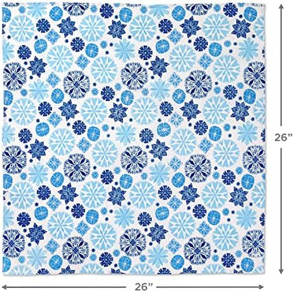 Hallmark 26" Reusable Christmas Gift Wrap (1 Fabric Wrap: Blue Snowflakes on Natural Cotton) for Holiday Parties, Hanukkah, Winter Weddings (Pack of 4)