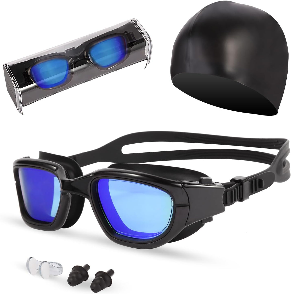 Swim Goggles, Goggles Adult with Swimming Cap, Nose Clip & Ear Plugs, UV Protection Anti-Fog Lens and Case for Adult