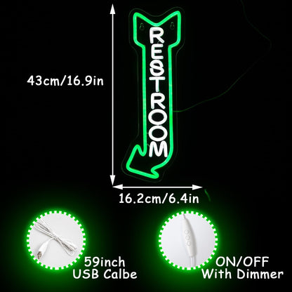 Restroom Neon Sign for Wall Decor Toilet Neon Light Arrow Led Neon Lights White Green Led Neon Signs for Hotel Bar Hospital Mall Store Office Decoration(16.9”*6.3”)