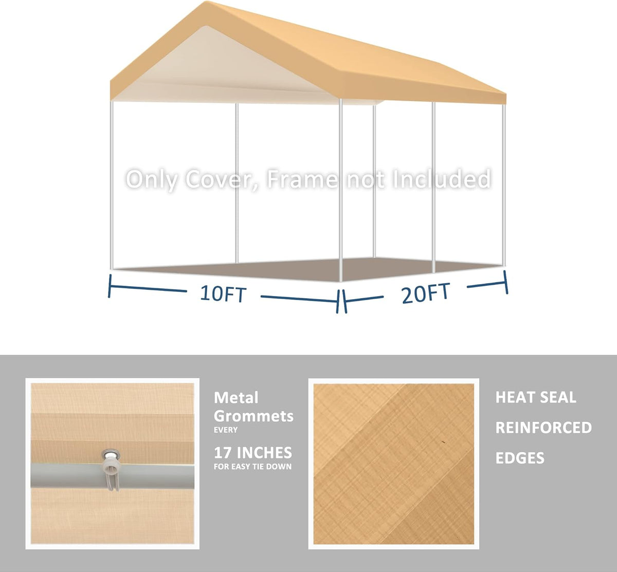 10'x20' Upgraded Carport Replacement Top Canopy Cover Beige for Car Garage Top Tarp Shelter Waterproof & UV Protected w/Ball Bungees (Only Top Cover, Frame is not Included)