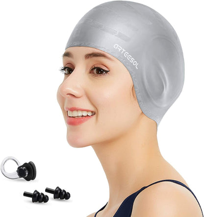 Swimming Cap, Silicone Swim Cap for Women Men, Durable Non-Slip Waterproof Swim Cap Protect Ears, Long Hair for Adults, Older Kids