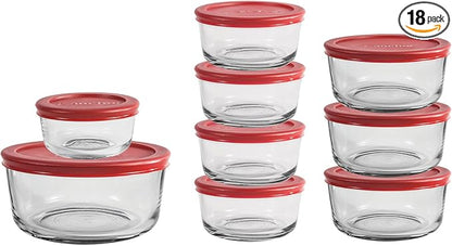 Anchor Hocking 18 Piece Glass Storage Containers with Lids (9 Glass Food Storage Containers & 9 Red SnugFit Lids)
