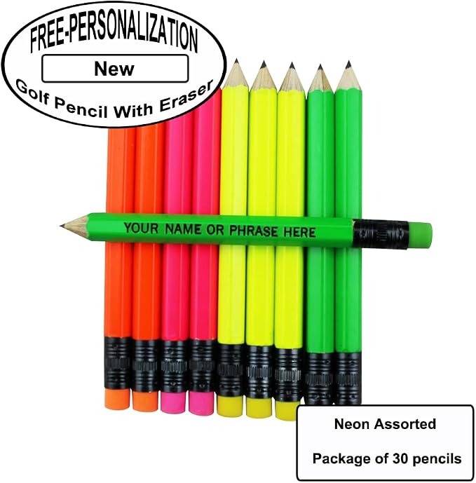 EZPENCILS & GIFTS - Golf Pencils Tipped with Eraser (1/2 a Pencil - Pew Pencils) - Neon Assorted Colored Barrel - FREE-PERSONALIZATION - 2HB Black Lead - Custom Text - Non-Smear Eraser – Package of 30