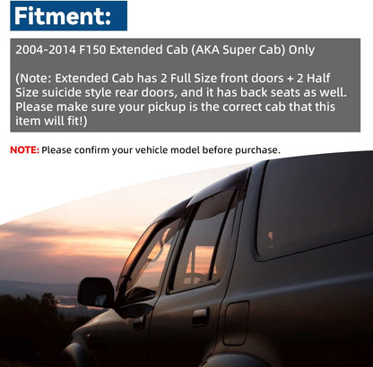 Set of 4 Front+Rear Smoke Sun Rain Guard Outside Mount Tape-On Acrylic Window Visors Compatible with 04-14 F-150 Super/Extended Cab with Half Size Suicide Back Doors