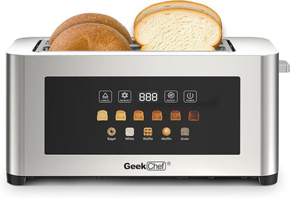 Geek Chef Toaster 4 Slice, 1.5" Touch Screen Extra Wide Slots for Bagels & Waffles, 6 Browning Levels, Timer, Reheat, Defrost, Cancel Function, Auto Shut-Off, Removable Crumb Tray, Stainless Steel