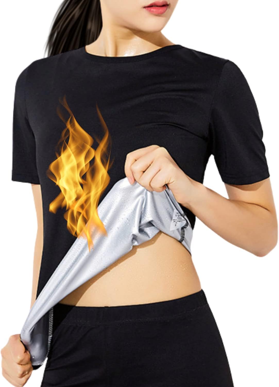 Nano Hertz Sauna Sweat Suit Weight Loss Shapewear Top Waist Trainer Workout Sweatsuit Exercise Short Sleeve Shirt Women Girl