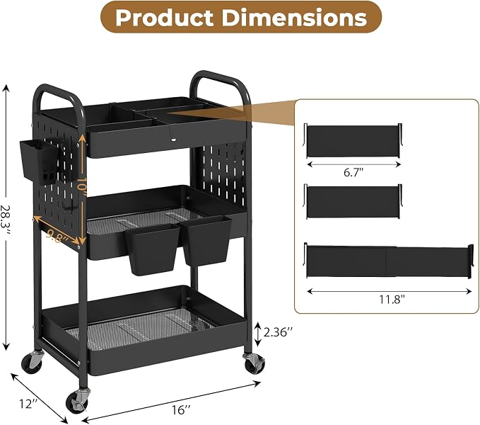 danpinera Craft Cart, Black Rolling Cart with Retractable Dividers & DIY Pegboards for Kitchen, Bedroom, Laundry
