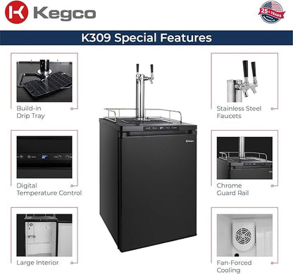 Kegco K309B-2 Double Faucet Digital Black Kegerator