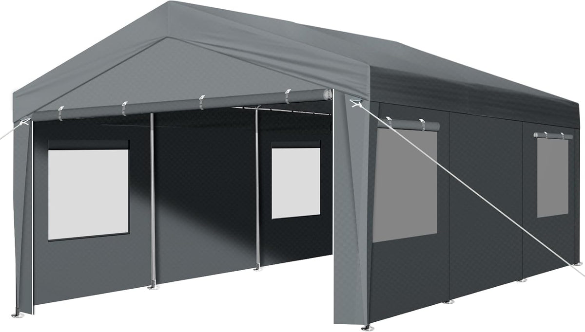 VINGLI 12 x 20 ft Outdoor Portable Storage Shed, Heavy Duty Bike Tent with Roll-up Zipper Door & Windows, Waterproof and UV Resistent Carport for Motorcycle, Garden Tools and Firewood
