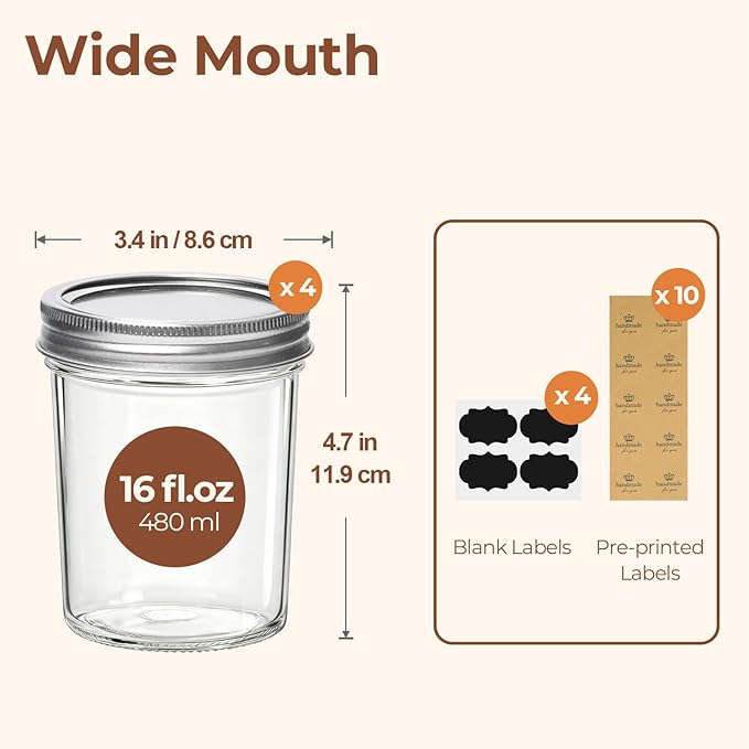 ComSaf Wide Mouth Mason Jars 16 oz with lids - 4 Pack, Pint Mason Jars with Seal Bands, Glass Canning Jars for Honey, Jam, Jelly, Coffee, Salad, Desert, Shower Wedding Favors, DIY Candles Decor