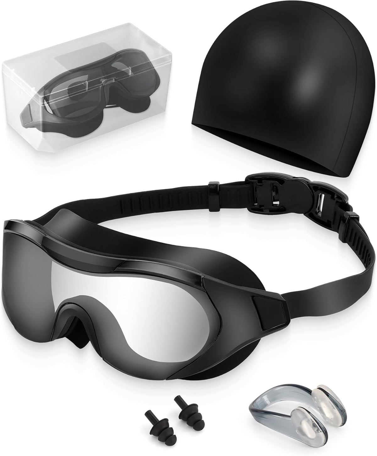 Swim Goggles with Nose Clip, Ear Plugs & Swim Cap, Anti-Fog UV Protection Lens, Leakproof Adjustable Strap for Adult
