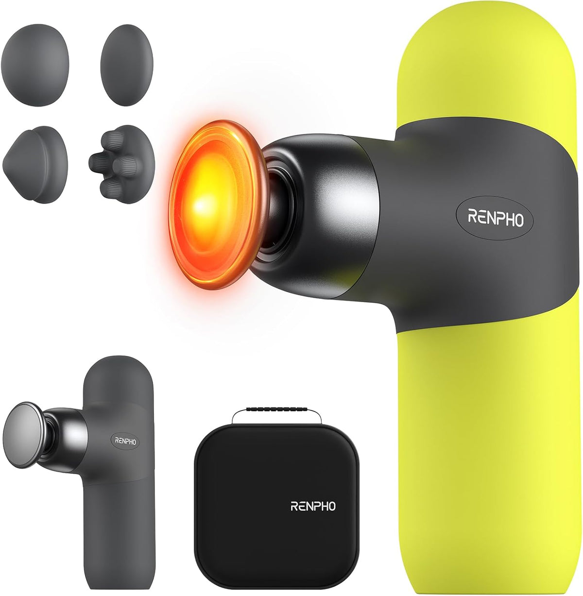 RENPHO Mini Thermal Massage Gun with Heat, Percussion Massager Gun Portable, Color Silicone Sleeves Travel Size with Carry Case, Neon Green