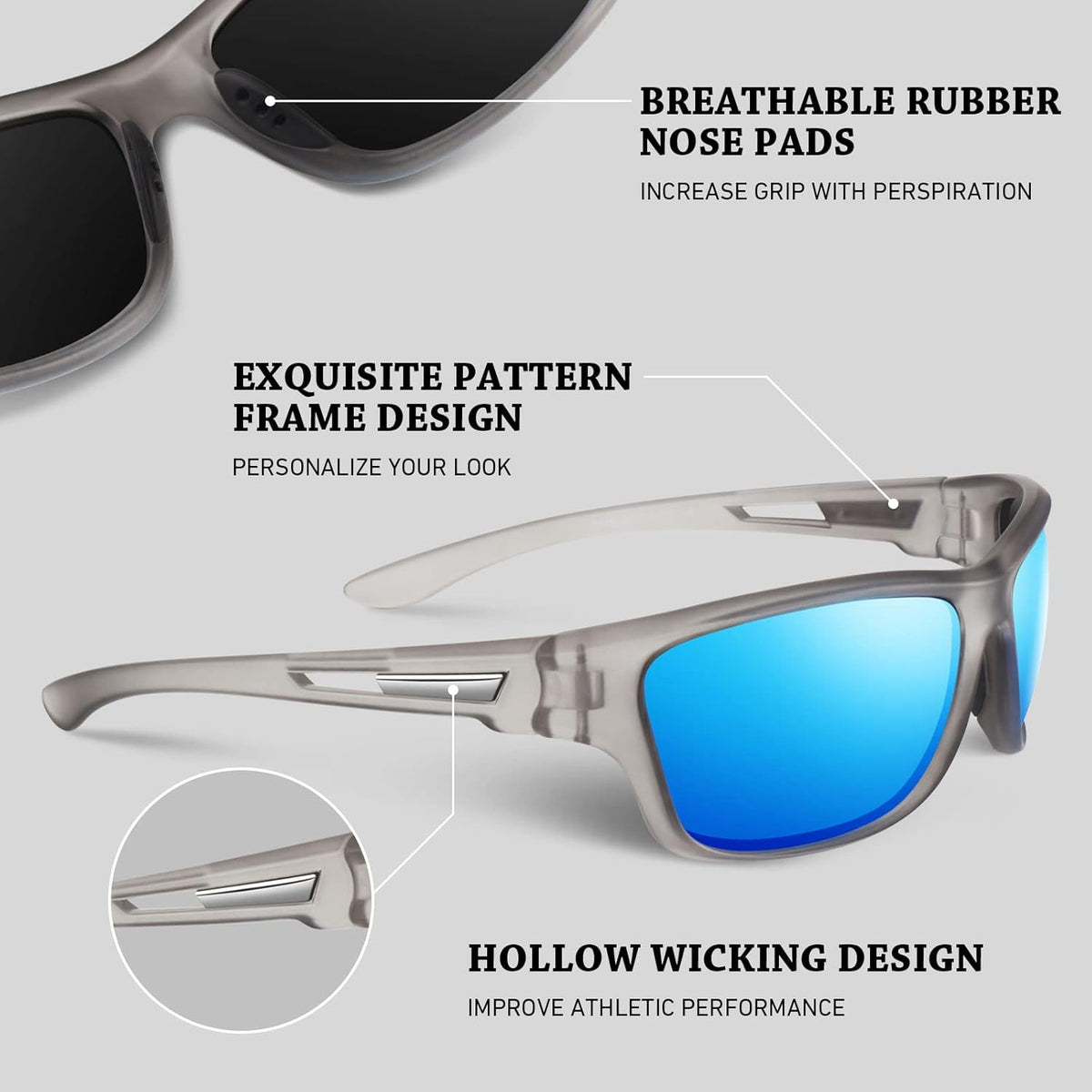 Polarized Sports Sunglasses for Men Women,Fishing Driving Rectangular Goggles UV400 Protection