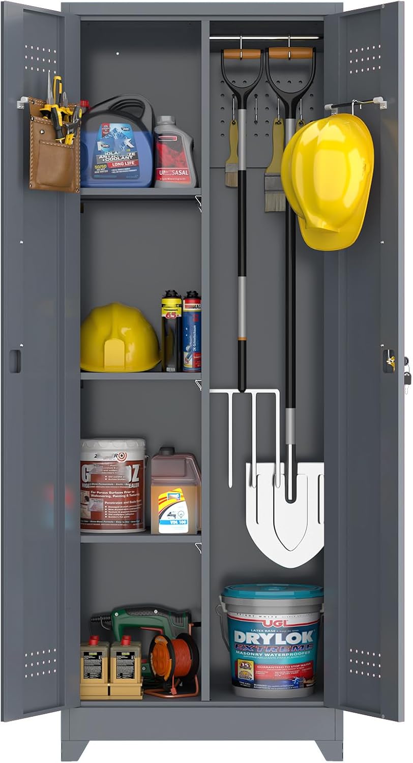 GREATMEET 65" H Metal Garage Storage Cabinets with Lock Door and Adjustable Shelves,Grey Broom Closet Storage Cabinet for Cleaning Supplies for Garage, Bathroom,Kitchen,Home