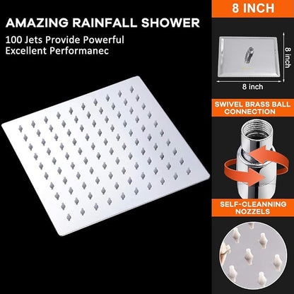 NearMoon Rain Shower Head, High Flow Stainless Steel Square Rainfall Shower, High Pressure Design, Awesome Shower Experience Even At Low Water Flow (8 Inch, Chrome Finish)