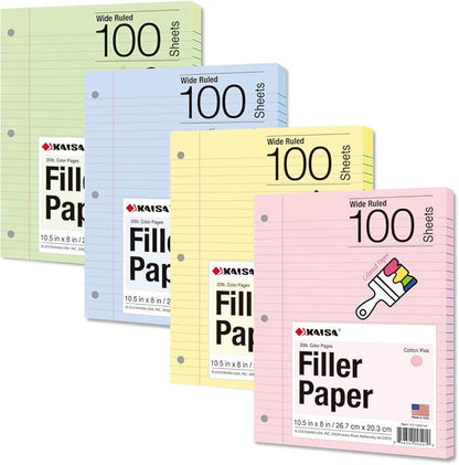 Kaisa Filler Paper Colored loose Leaf Paper, Wide Ruled 8x10.5in Colored Paper, 3-Hole Punched for 3-Ring Binders,100Sheets/pack 4Packs, FC10001W