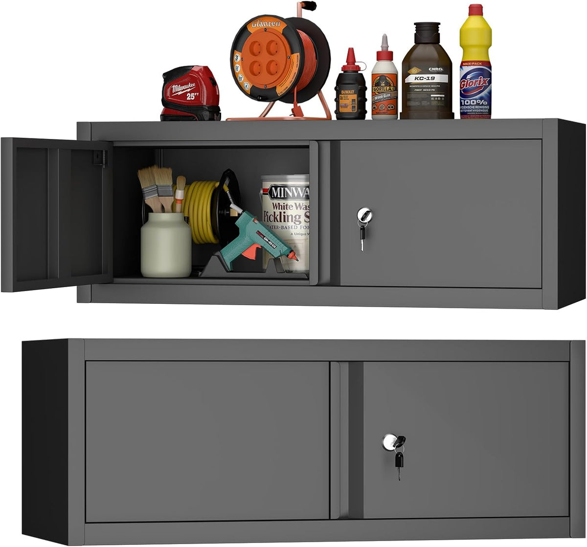 GREATMEET Metal Locking Garage Storage Cabinets, Lockable Storage Cabinet with Doors, 12.8" Metal Wall Cabinet, Wall Mount Hanging Floating Cabinet with Lock for RV, Warehouse Living Room