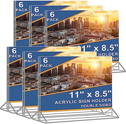 Horizontal Acrylic Sign Holder 8.5 x 11 - Double Sided T Shape Menu Table Stands, Plastic Paper Flyer Display Stand, Clear Picture Photo Frames for Wedding, Office, Store, Restaurant (6 Pack)