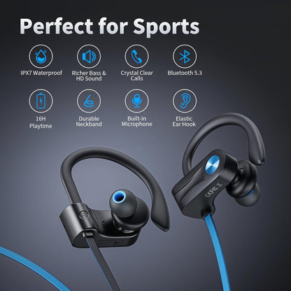 JOYWISE Wireless Headphones Bluetooth 5.3 Headphones with 16 Hours Playtime, Over-Ear Stereo Bass Earphones with Earhooks Headset, Sports Earbuds with Storage Bag for Running, Blue