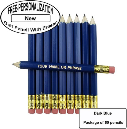 EZPENCILS & GIFTS - Golf Pencils Tipped with Eraser (1/2 a Pencil - Pew Pencils) - Dark Blue Colored Barrel - FREE-PERSONALIZATION - 2HB Black Lead - Custom Text - Non-Smear Eraser – Package of 60