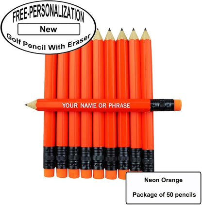 EZPENCILS & GIFTS - Golf Pencils Tipped with Eraser (1/2 a Pencil - Pew Pencils) - Neon Orange Colored Barrel - FREE-PERSONALIZATION - 2HB Black Lead - Custom Text - Non-Smear Eraser – Package of 50
