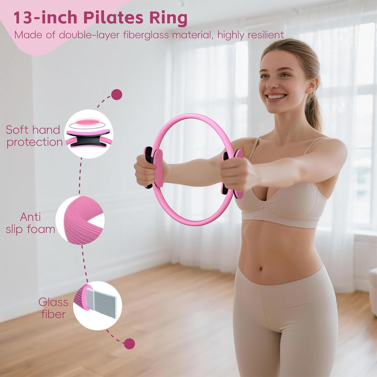 KABCON Pilates Equipment Essentials Set for Women at Home with Complete User Guide,13” Pilates Ring,9.8” Exercise Ball,Elastic Bands,Yoga Socks,Yoga Strap,13-Pcs Starter Workout Set