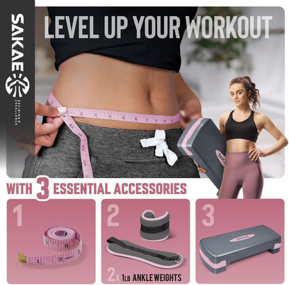 Adjustable Height Aerobic Stepper Set, Multiple Bundle Options with Dumbbells, Kettlebell, Waist Trimmer, Ankle Weights or Weighted Vest, Workout Exercise Step Platform w/Level Risers, 4 Colors