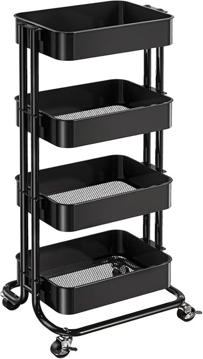 Pipishell 4 Tier Metal Rolling Utility Cart, Heavy-Duty Storage Rolling Cart with 2 Lockable Wheels, Multifunctional Mesh Organization Utility Cart for Kitchen Dining Room Living Room, PIUC13B