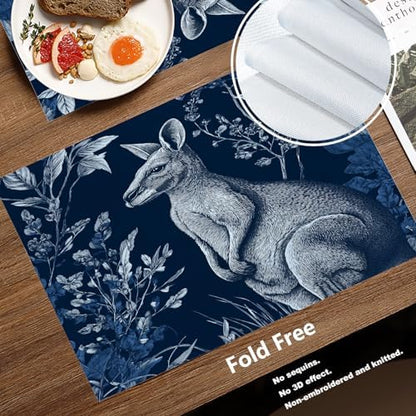 Batmerry Cute Kangaroo Linen Placemats Set of 4, Navy Blue with Plants Washable Table Mats for Kitchen Table Thickened Heat Insulation Dining Set Indoor Outdoor 12X18 in