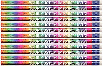 Express Pencils™ Personalized Custom Round Pencils/Glitz & Glitter Foil/Full Color Print w/your name, message, text or logo -Customizable - Made in USA - Great Gift Ideas -12/Set (RAINBOW PRISM)