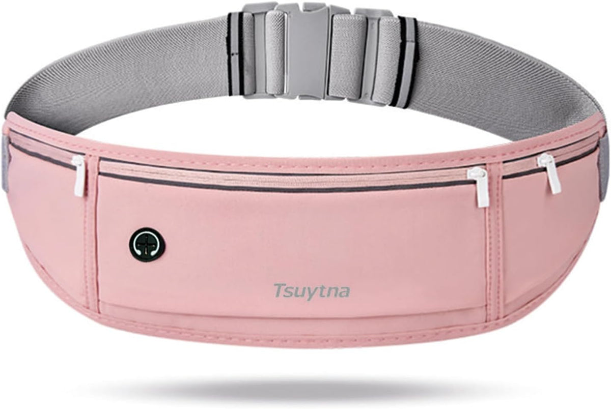 Running Belt for Women & Men - Slim Phone running belt with Water-Resistant Phone Holder, 3 pockets Adjustable Waist Strap, Reflective Safety Design for Running, Hiking, Travel，Fitness (Pink)