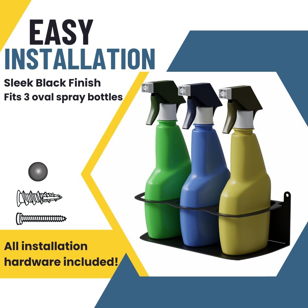 Koova Spray Bottle Holder Heavy Duty- Wall Mount Storage Rack for 3 Spray Bottles, Utility Shelf with Included Hardware - Made in USA, Sturdy Metal Organizer for Efficient Kitchen and Garage Storage