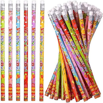 Happy Birthday Pencils Wooden Pencil Birthday Party Pencil with Top Erasers Birthday Party Supplies Favors, 6 Style(48)