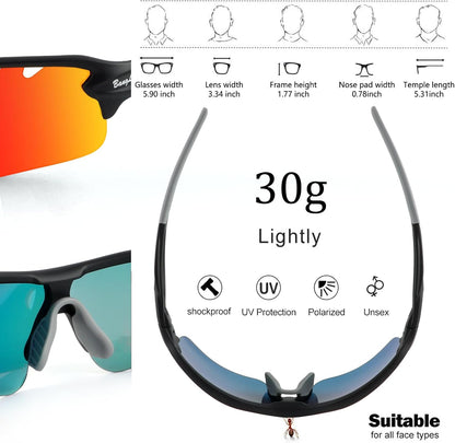 BangLong Polarized Sports Sunglasses Cycling Sun Glasses for Men Women with 5 Interchangeable Lenes for Running Baseball Golf