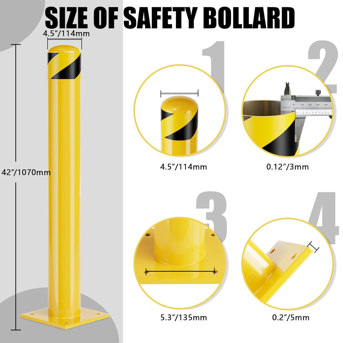 Safety Bollard Post, 36 Inch Height Steel Bollards, 4.5 Inch Diameter Parking Bollard, Yellow Powder Coated Safety Parking Barrier Post, for Traffic Sensitive Areas (2 Pack, 42 inch)